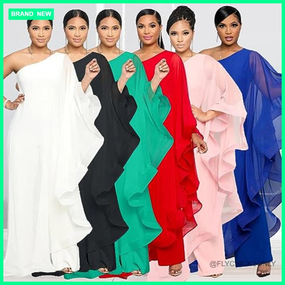 One Shoulder Ruffle Patchwork Elastic Wide Leg Ju… - image 3